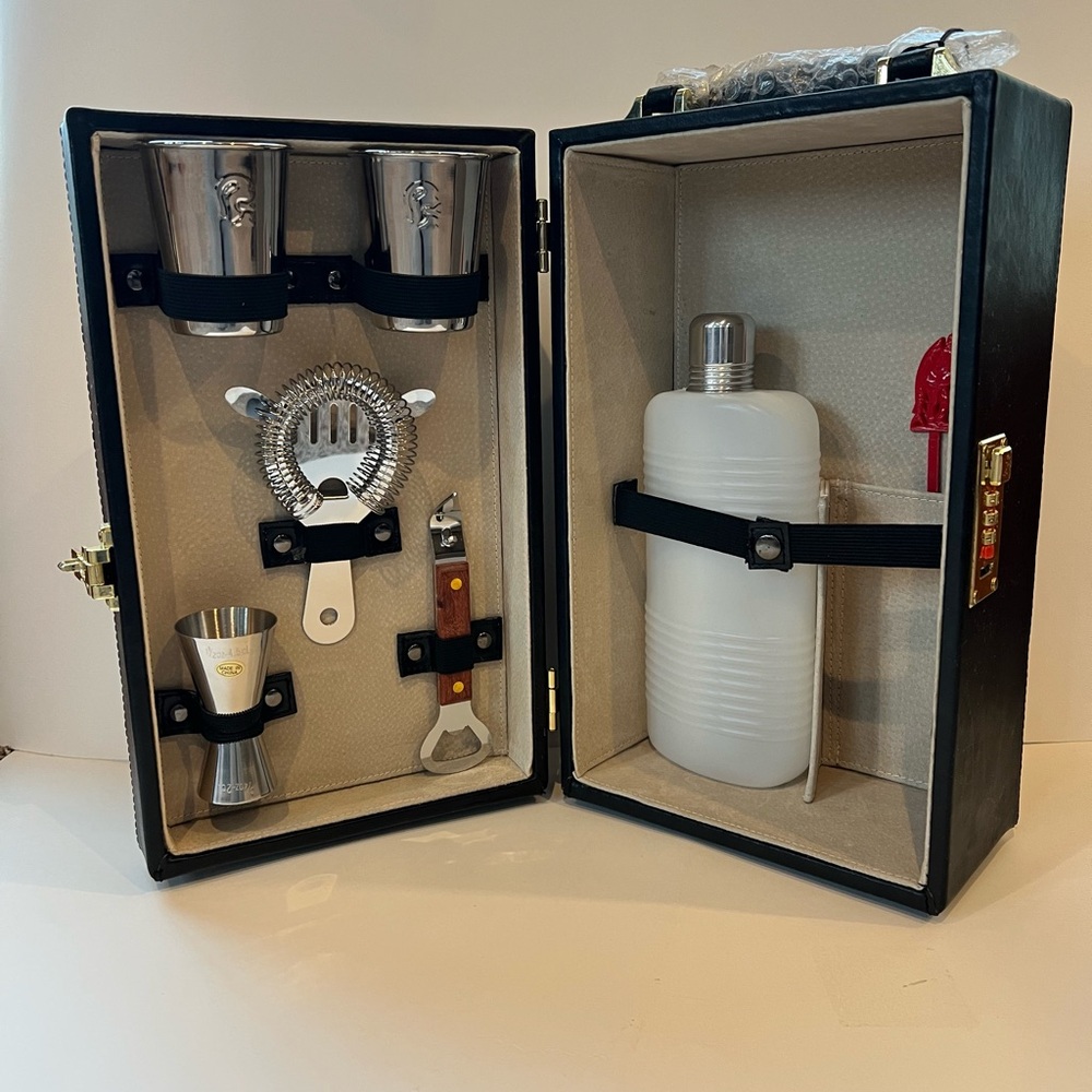 Black Portable Traveling Locking Barware Set with Silver Accents